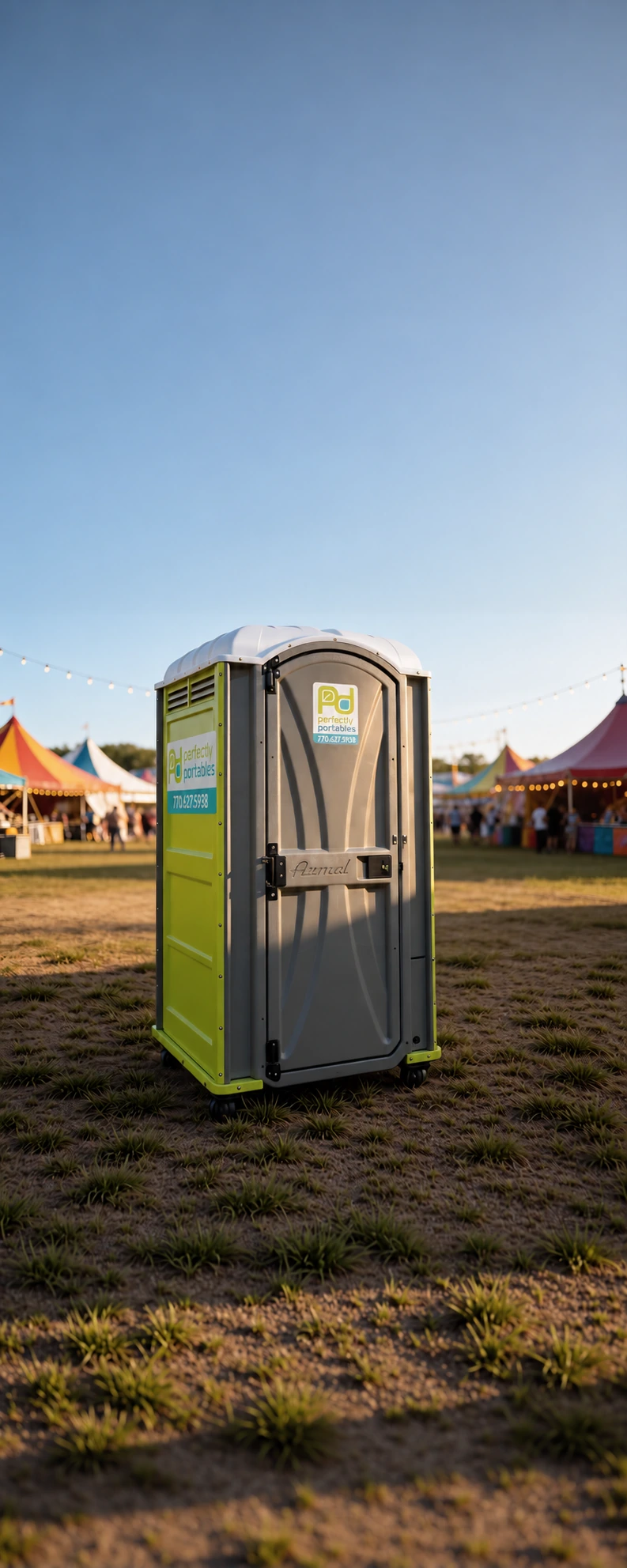 Outdoor community event with tents and a Perfectly Portables unit